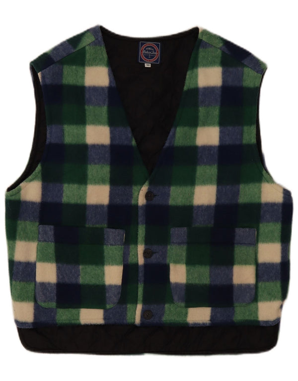 Vintage Herre Fleece Gilet UK 38 Medium Green Gingham Polyester