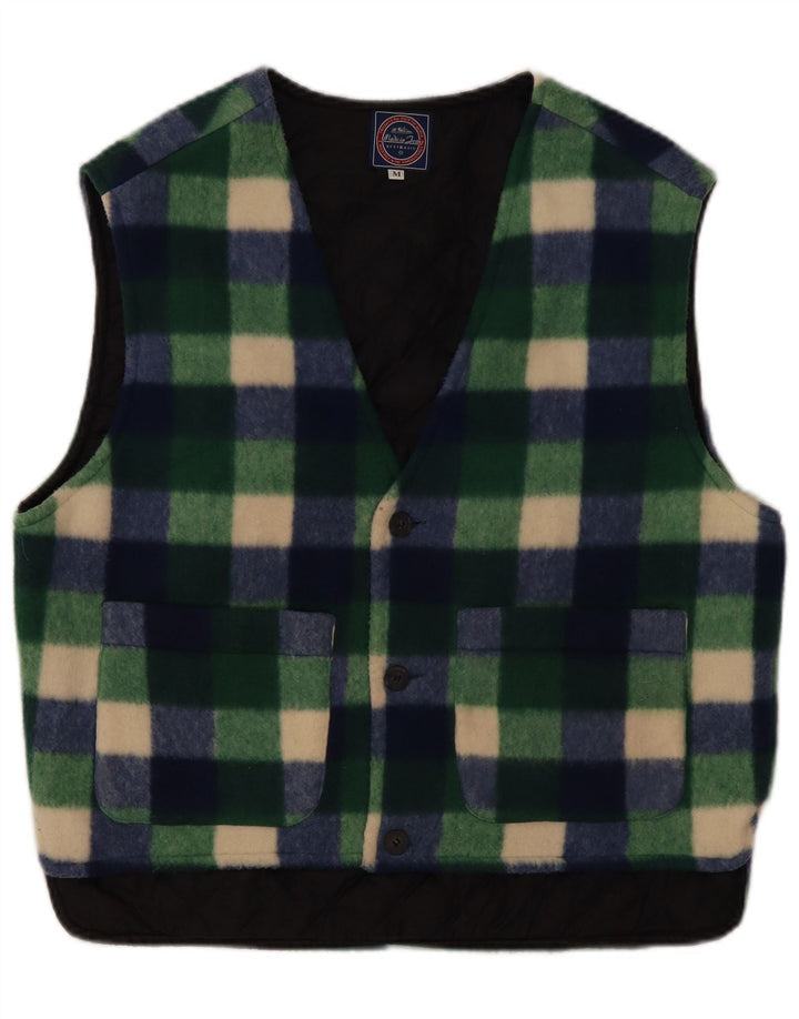 Vintage Herre Fleece Gilet UK 38 Medium Green Gingham Polyester