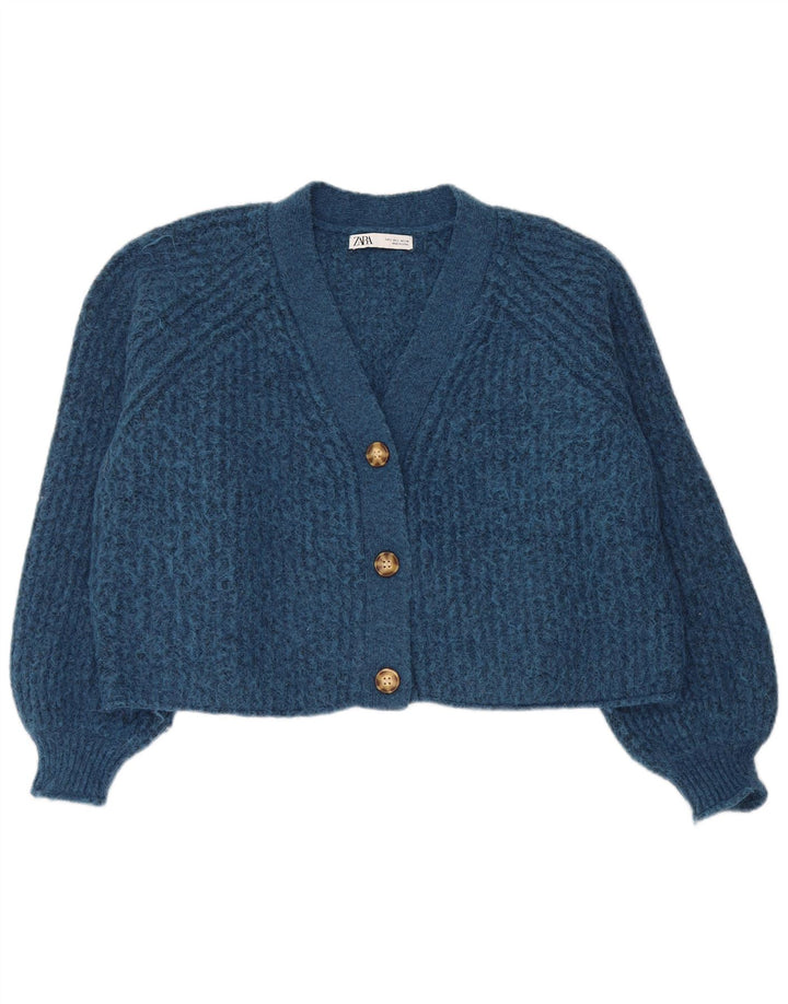 Zara Womens Crop Oversized cardigan sweater UK 16 Large Blue Polyester