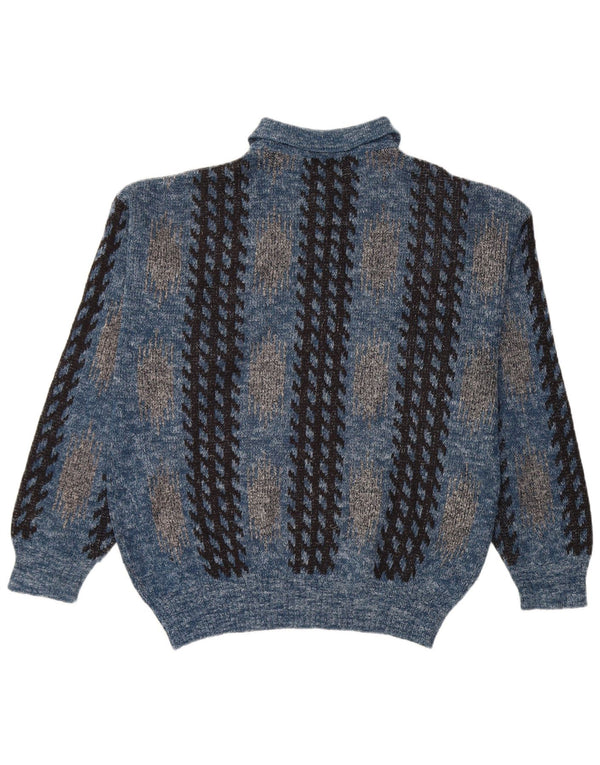 Vintage herre polo hals sweater medium blå geometrisk