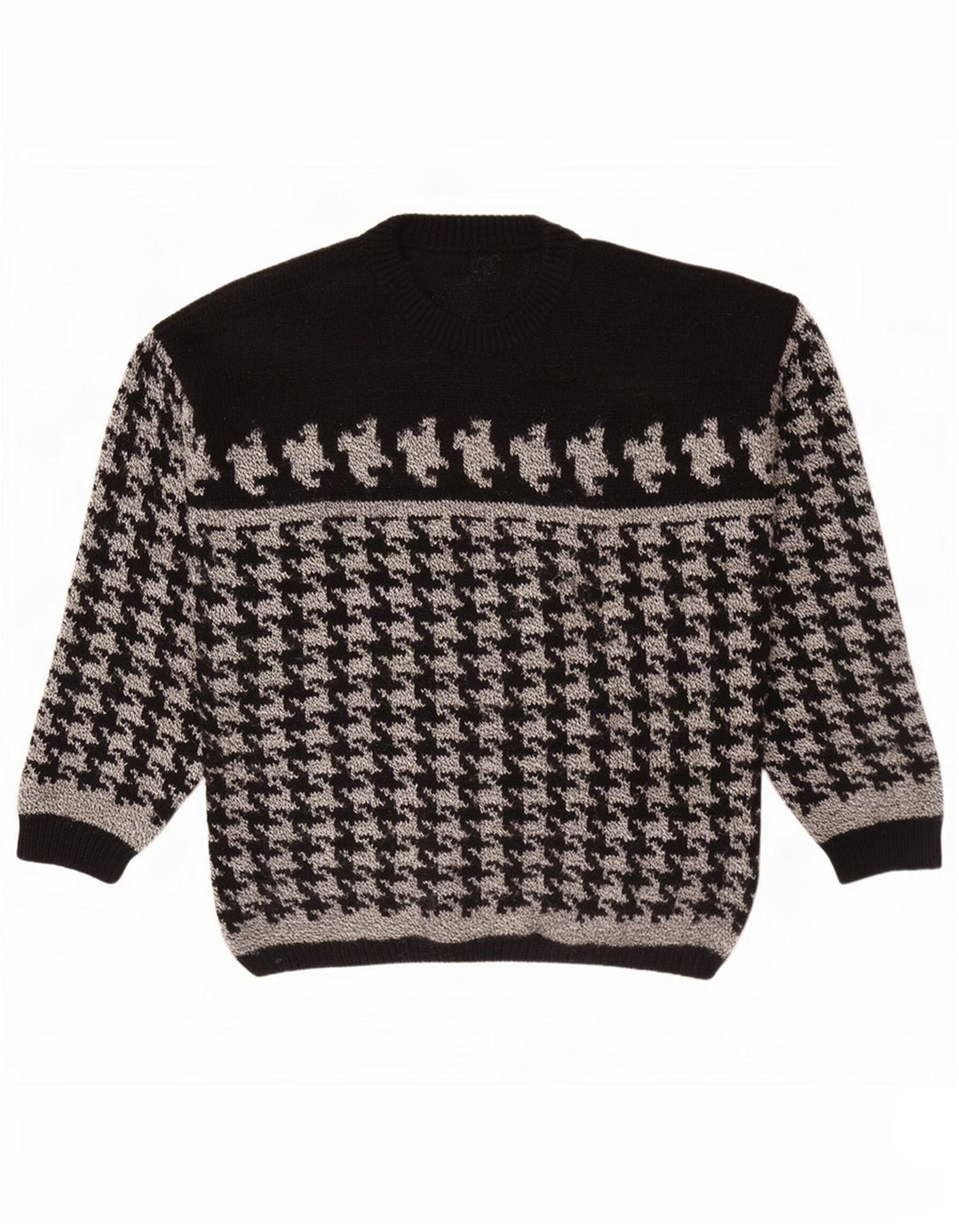 Vintage sweater med rund hals til mænd Medium Sort Houndstooth