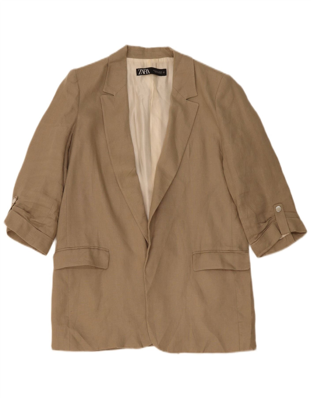 Zara Dame 3/4 ærmet åben blazerjakke UK 14 Medium Beige Linned
