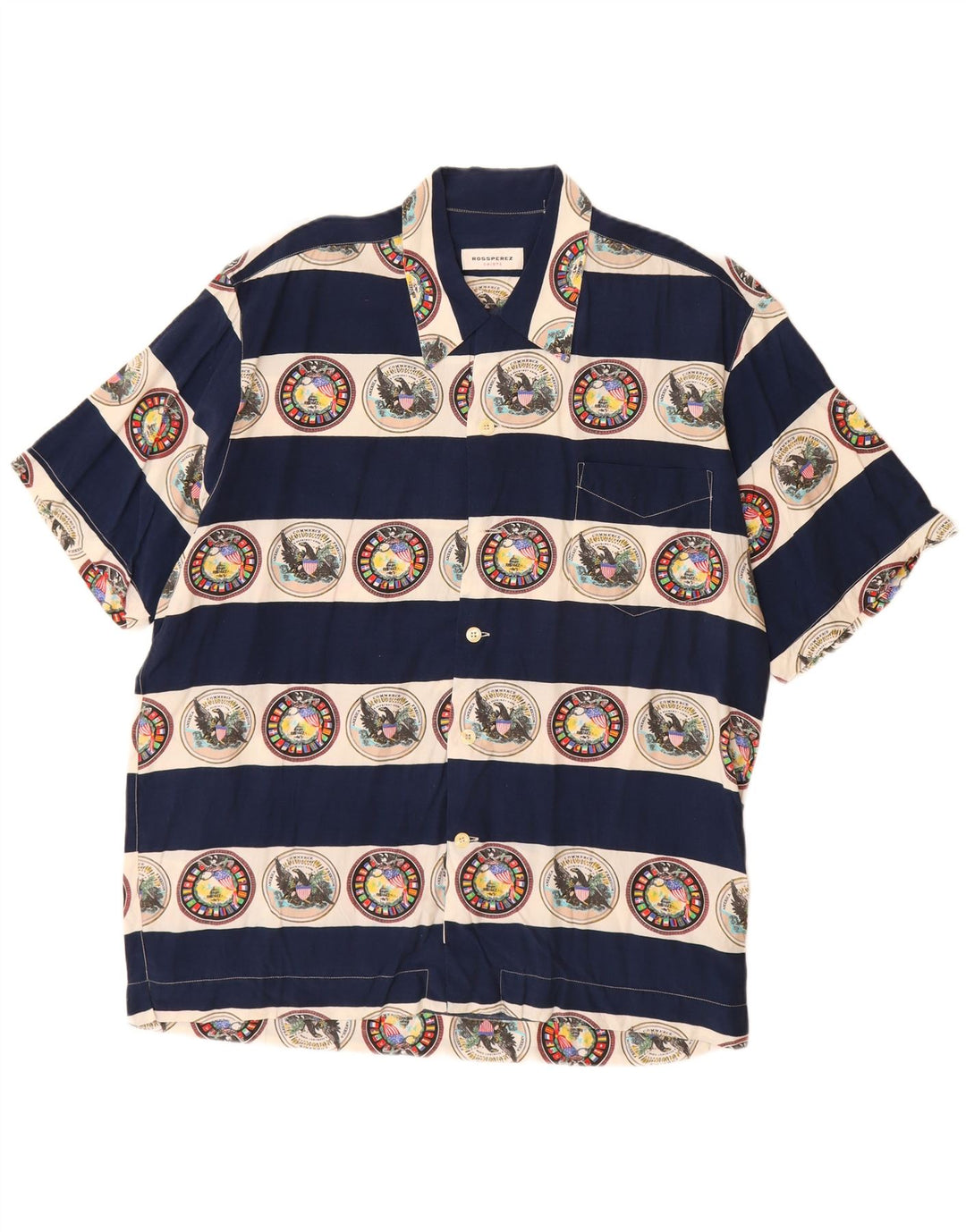 VINTAGE Herre grafisk kortærmet skjorte Stor marineblå stribet viskose