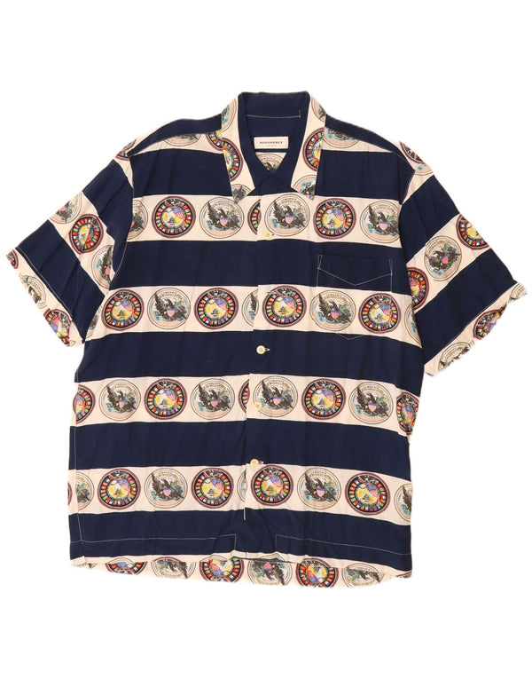 VINTAGE Herre grafisk kortærmet skjorte Stor marineblå stribet viskose