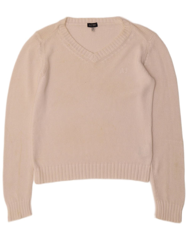 ARMANI JEANS Dame V-hals sweater UK 16 Stor hvid bomuld
