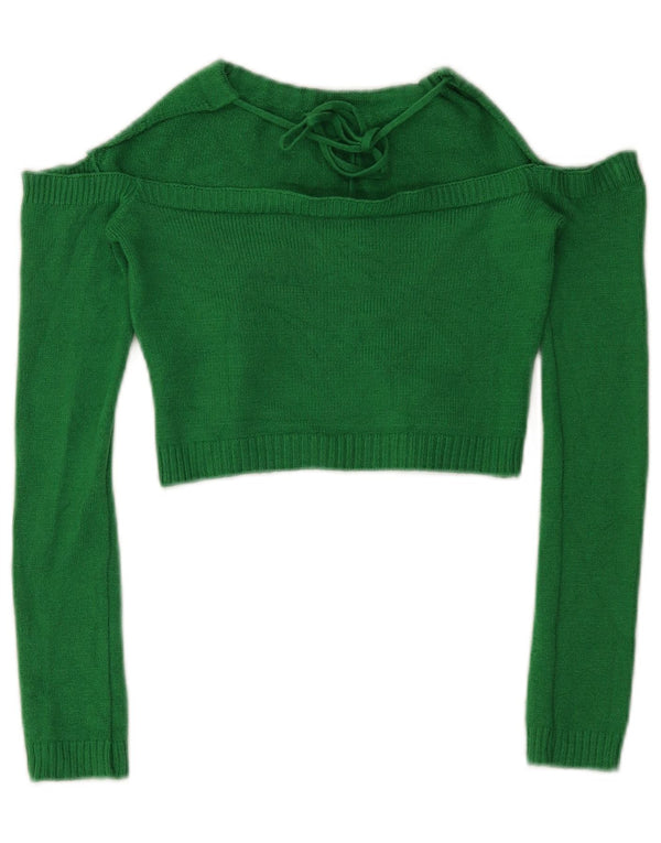 Vintage Kvinders Crop Knit Off Shoulder Halter Top UK 12 Medium Green Viscose