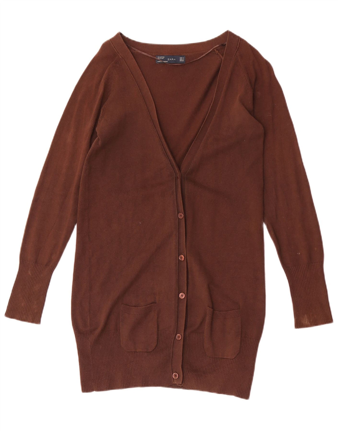 Zara Dame Cardigan Sweater UK 12 Medium Brun Bomuld