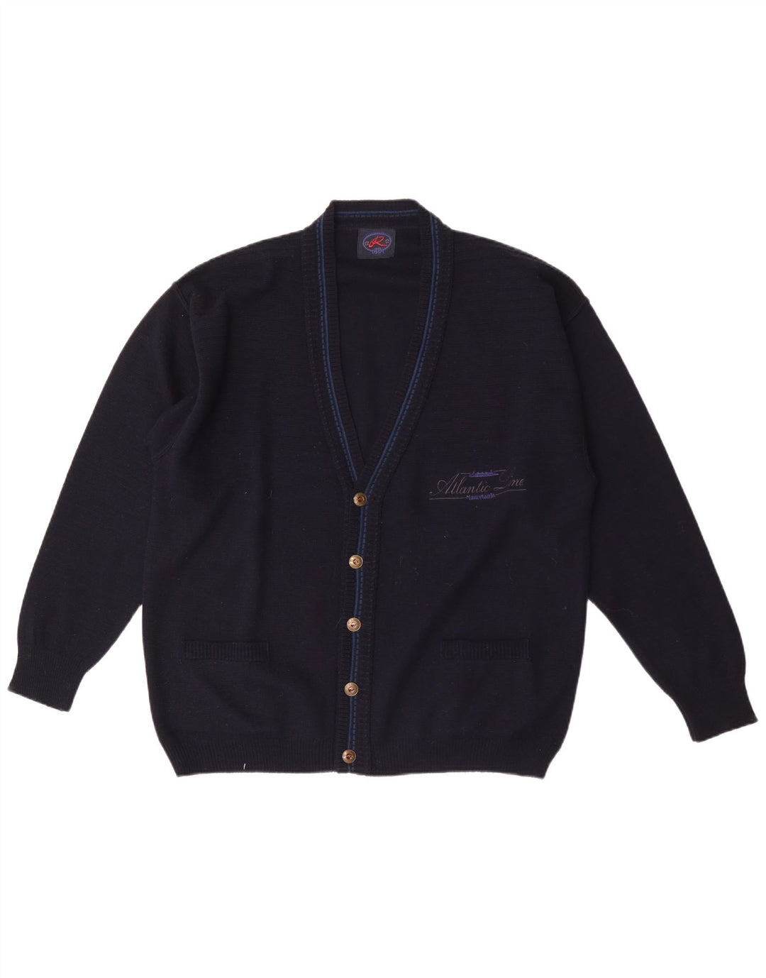 Vintage herre grafisk cardigan sweater XL marineblå uld