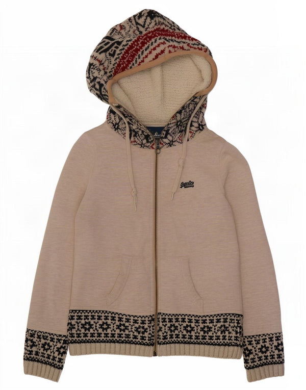 Superdry Womens Hooded Cardigan Sweater UK 18 XL Beige Fair Isle Acrylic