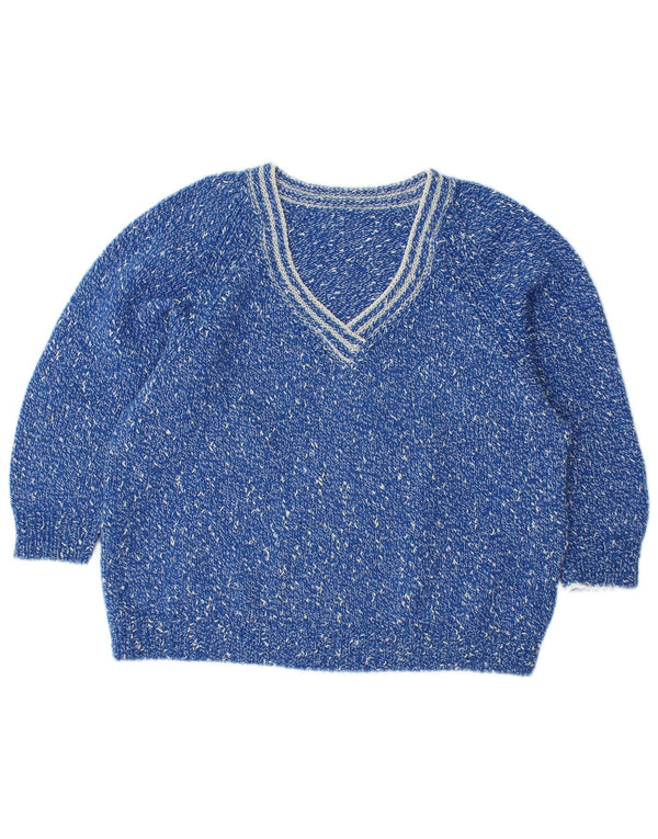 VINTAGE Dame Loose Fit V-hals sweater UK 14 Medium Blue Flecked