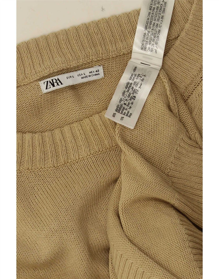 Zara Herre Crew Neck Jumper Sweater Stor Beige Bomuld