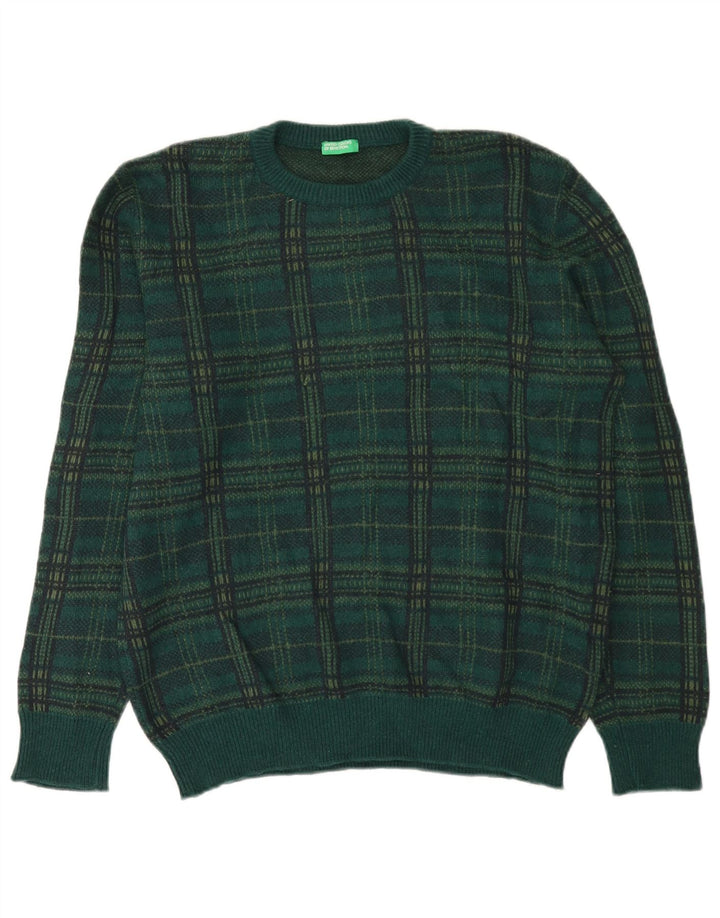 Benetton Herre sweater med rund hals XL grøn ternet uld
