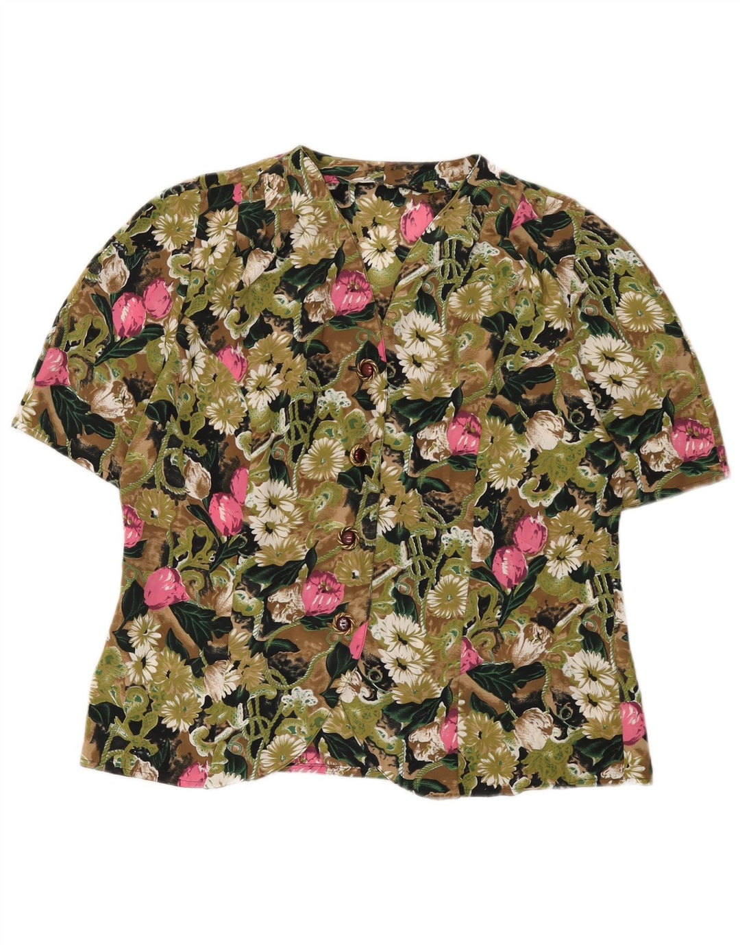Vintage kortærmet skjortebluse til kvinder IT 42 Medium Green Floral