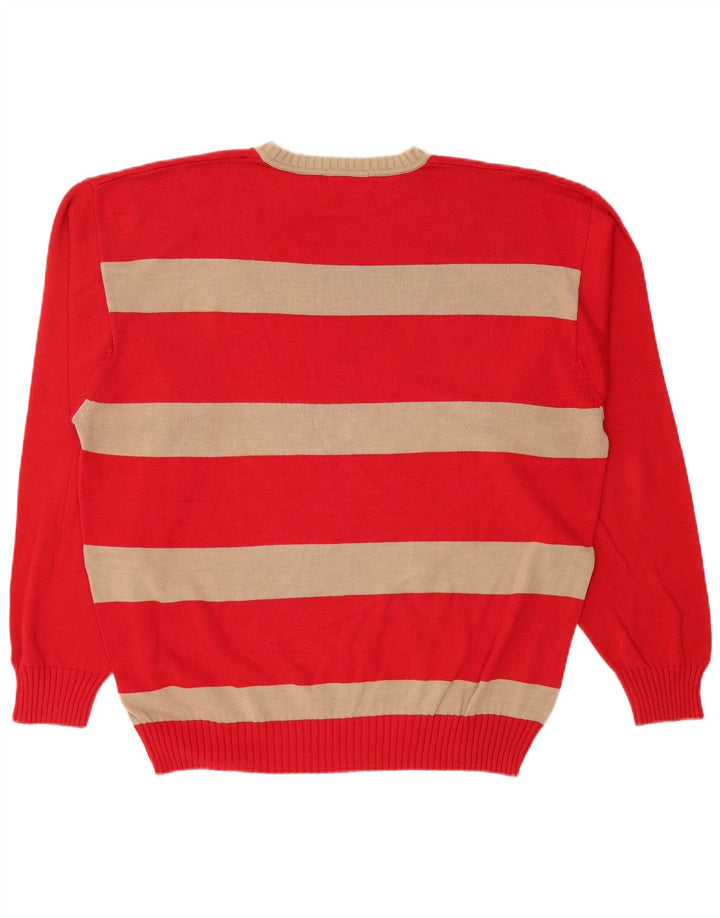 VINTAGE Mens Crew Neck Jumper Sweater Large Red Striped Cotton