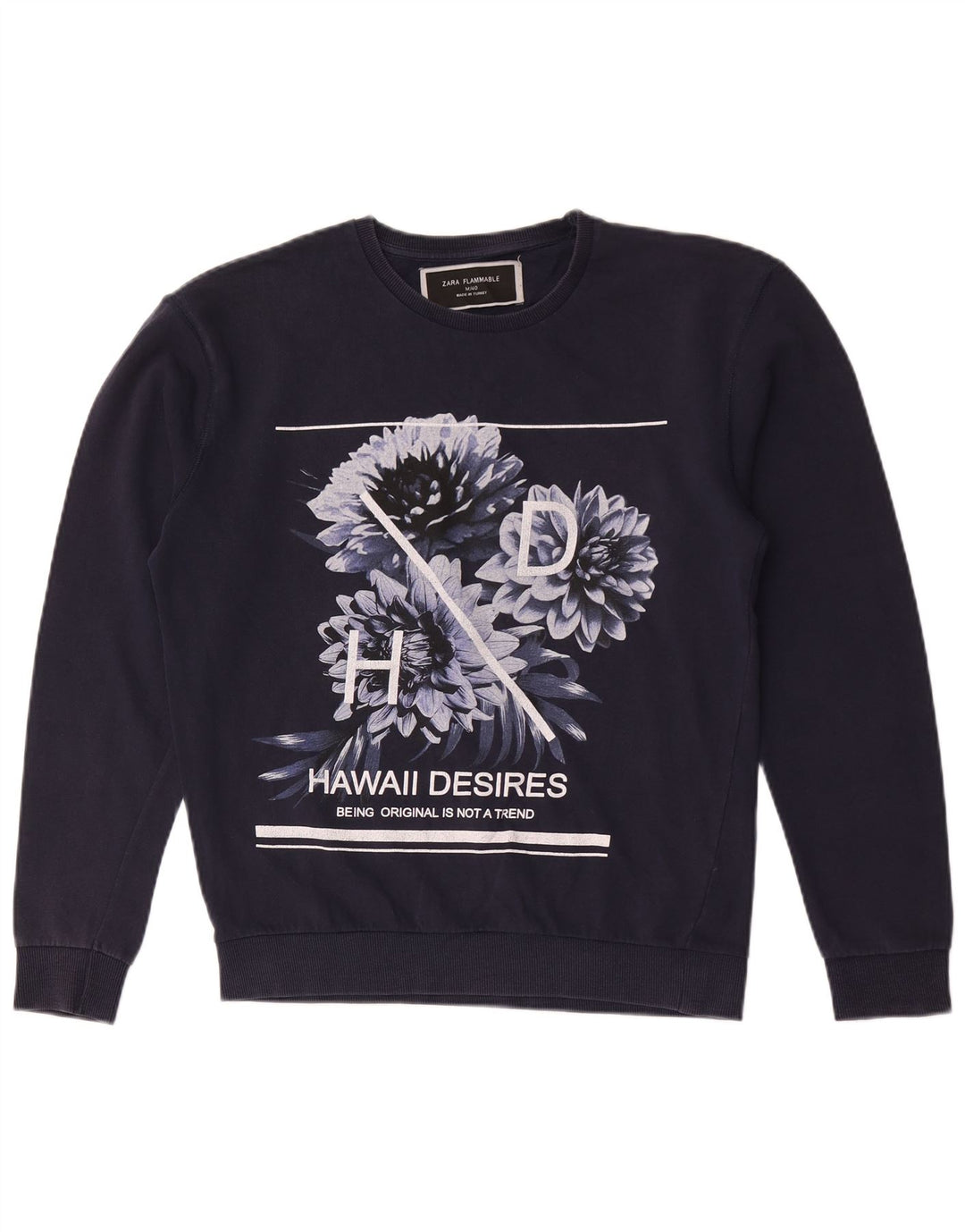 Zara Dame Grafisk Sweatshirt Jumper UK 14 Medium Navy Blue Floral