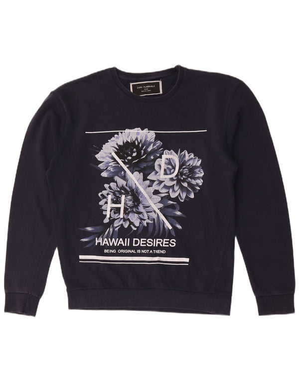 Zara Dame Grafisk Sweatshirt Jumper UK 14 Medium Navy Blue Floral