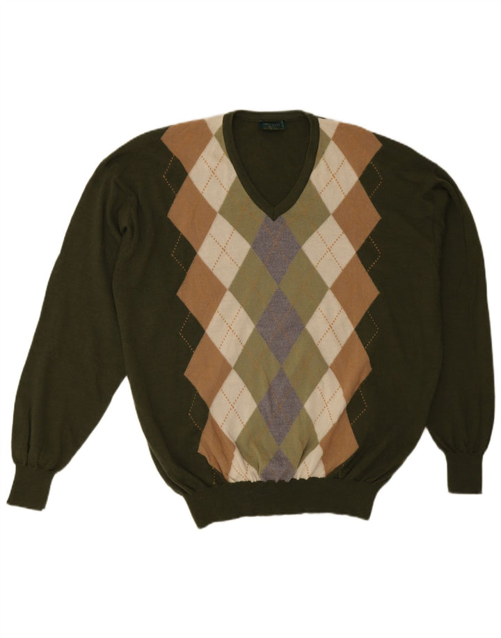 Novelli Herre V-hals sweater IT 58 2XL Khaki Argyle/Diamond
