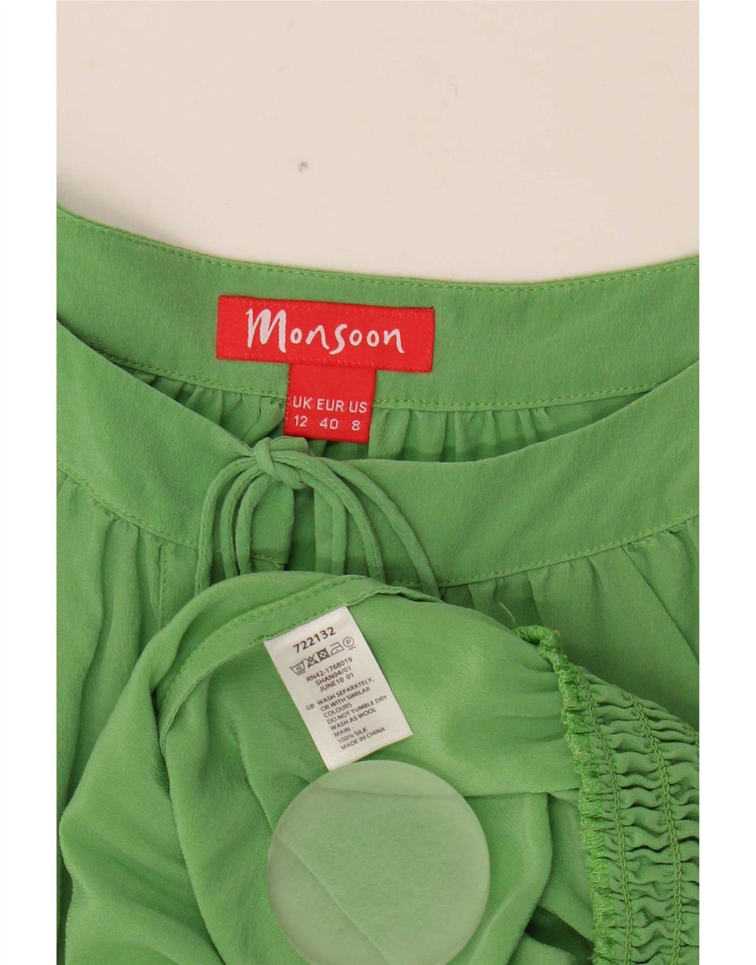 Monsoon Dame 3/4 ærmet bluse Top UK 12 Medium Green Silke