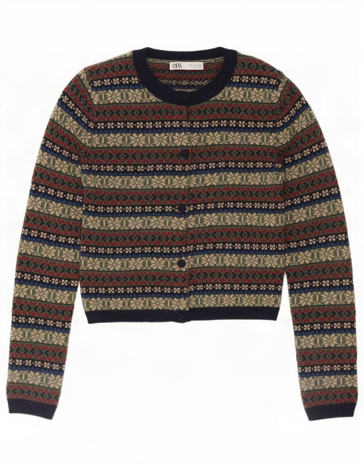 Zara Dame Cardigan Sweater UK 10 Small Multicolored Fair Isle Polyamid