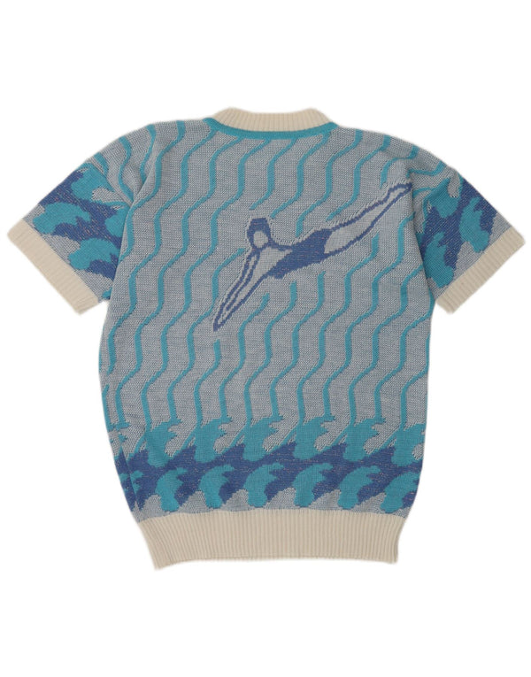 Vintage kvinders grafisk rund hals sweater UK 14 Medium Blue