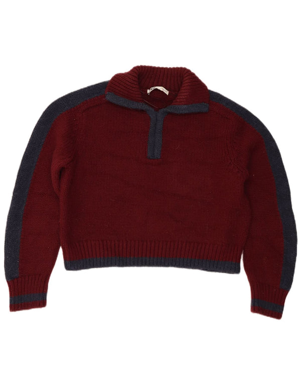 Zara Womens Crop Polo Neck Jumper Sweater UK 10 Small Burgundy Colourblock
