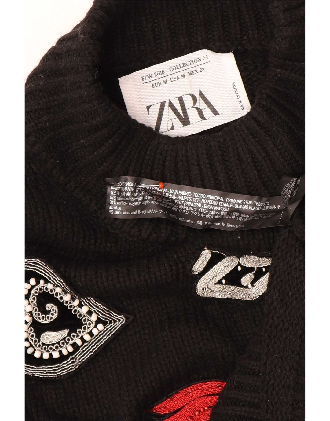 Zara Dame Grafisk Turtle Neck Jumper Sweater UK 12 Medium Black
