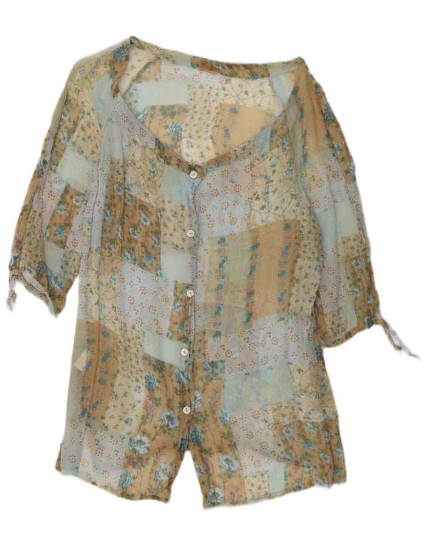 Vintage skjortebluse med 3/4 ærmer til kvinder UK 16 Stor flerfarvet blomster
