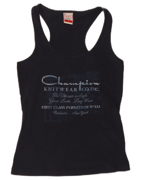 Champion Womens Heritage Fit Grafisk Vest Top UK 14 Large Navy Blue Cotton