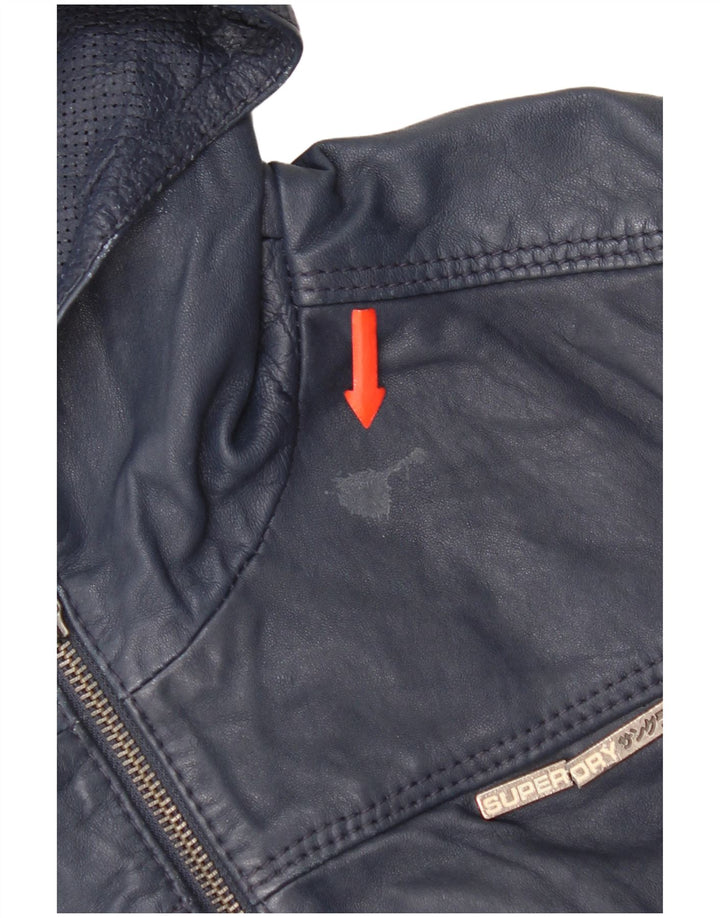 Superdry læderjakke med hætte til kvinder UK 14 Mellem marineblåt læder