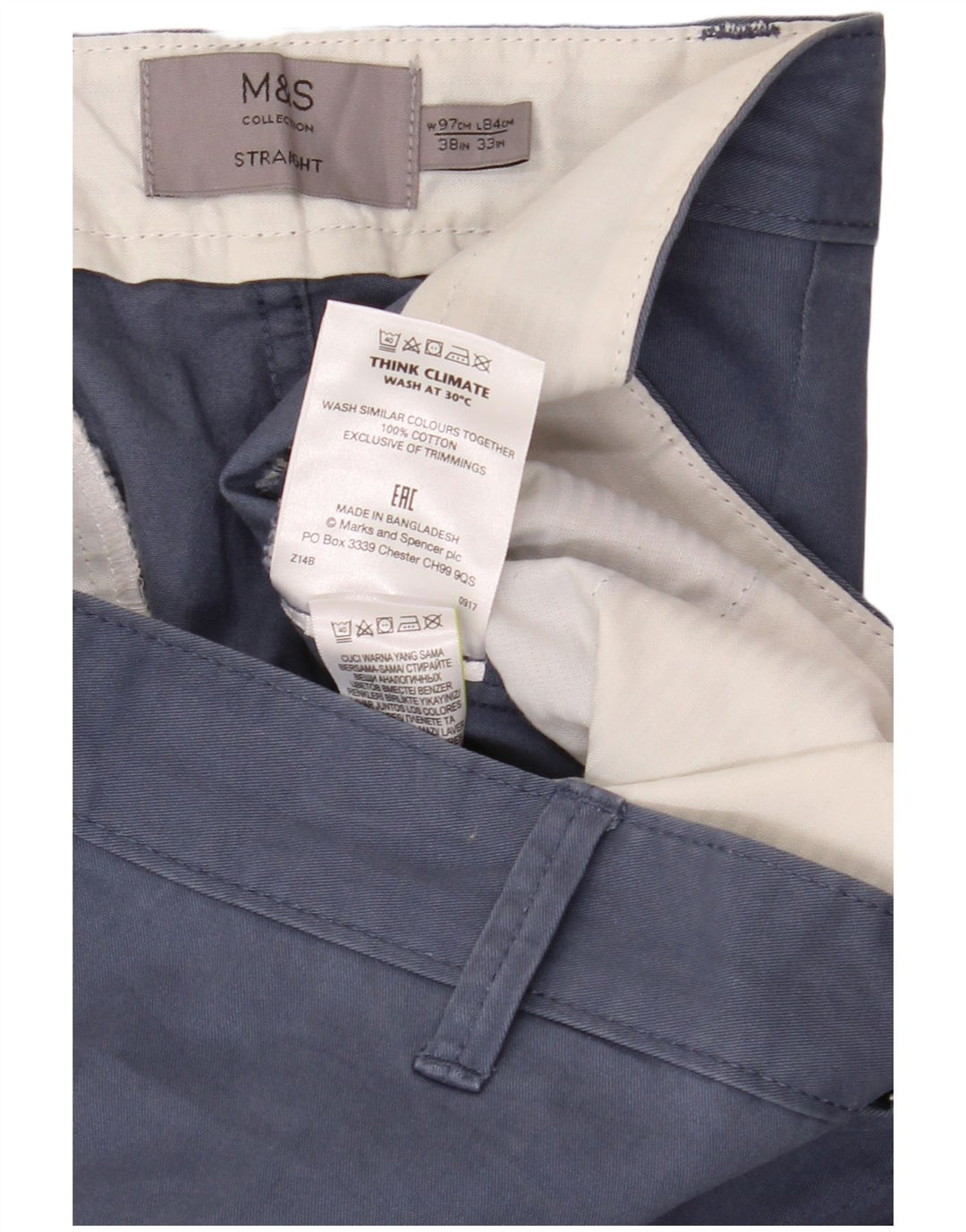 Marks & Spencer Straight Chino-bukser til mænd W38 L33 Blå bomuld