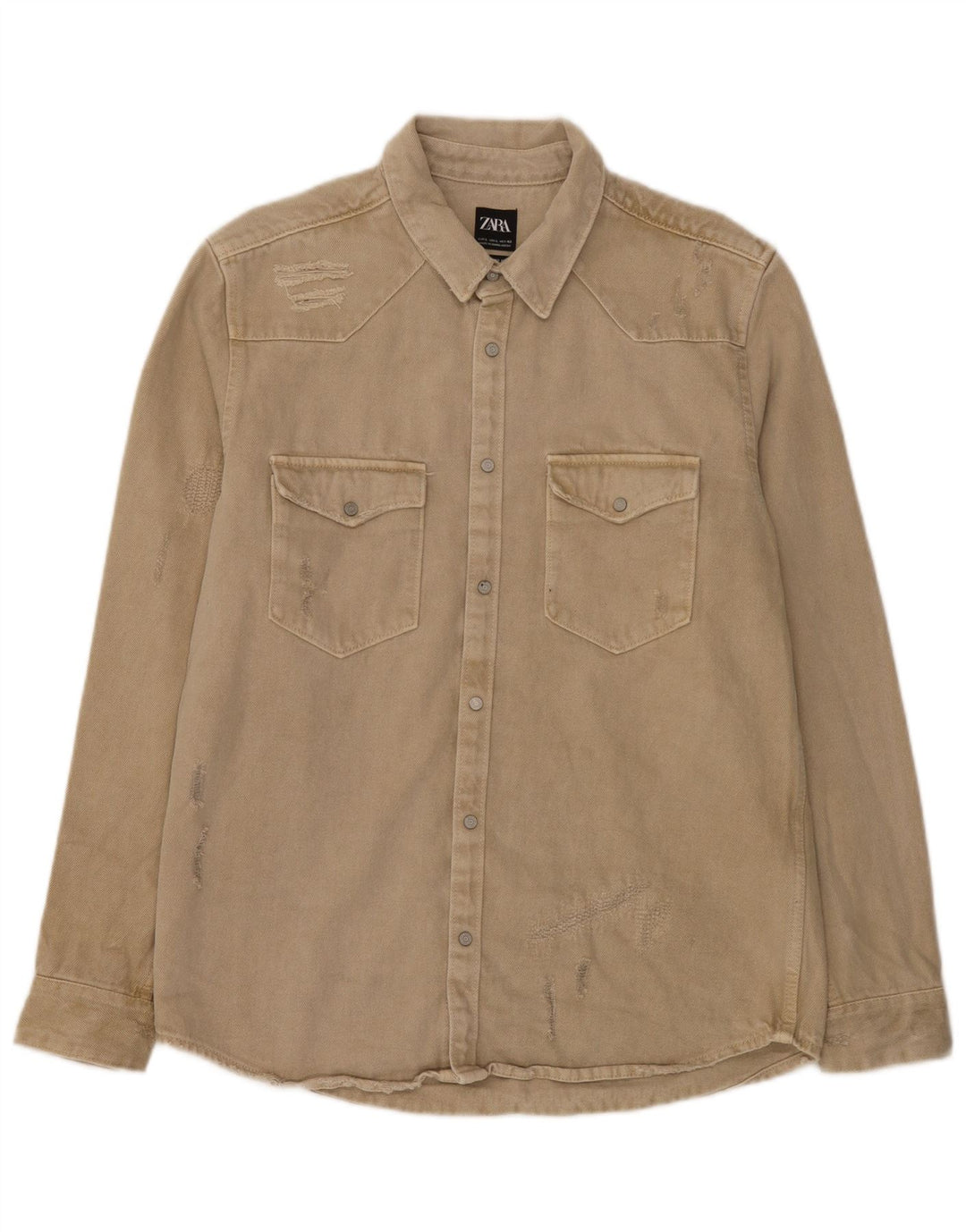 Zara Herre Distressed Relaxed Fit denimskjorte Stor beige bomuld