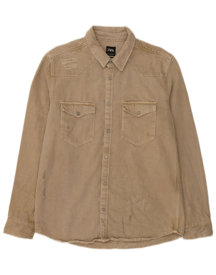 Zara Herre Distressed Relaxed Fit denimskjorte Stor beige bomuld