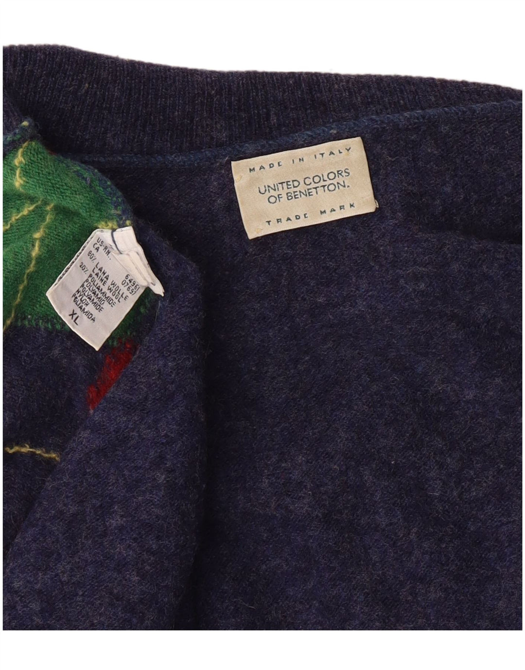 Benetton Herre rullehals sweater XL marineblå Argyle/Diamond Classic