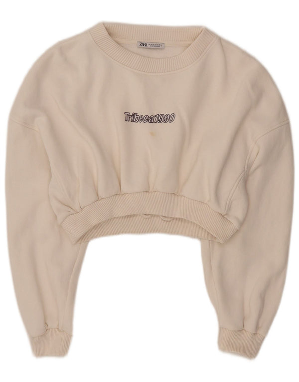 Zara Womens Crop Graphic Sweatshirt Jumper UK 10 Small Off White Bomuld