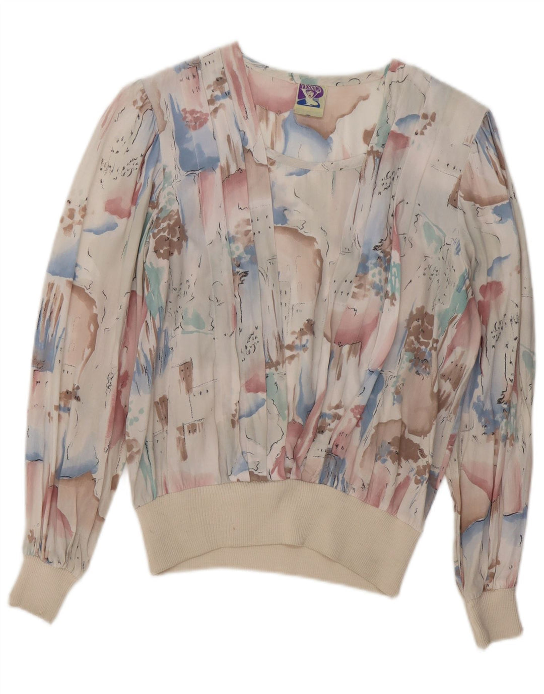 C & A kvinders abstrakt mønster langærmet bluse Top UK 14 Medium White