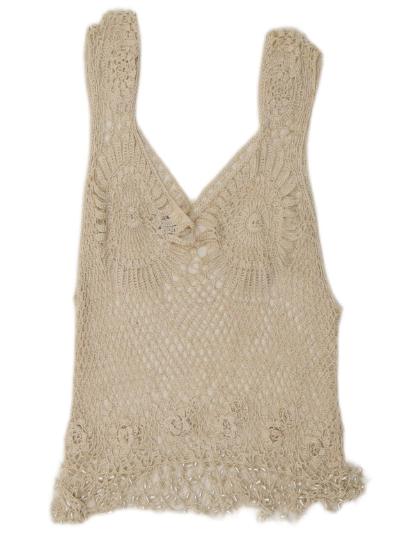 Rafale Dame Håndlavet Hæklet Bluse Top UK 14 Medium Beige Rayon