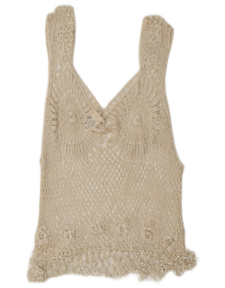 Rafale Dame Håndlavet Hæklet Bluse Top UK 14 Medium Beige Rayon