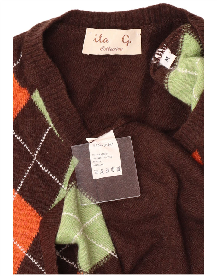VINTAGE Dame V-hals sweater UK 12 Medium Brown Argyle/Diamond