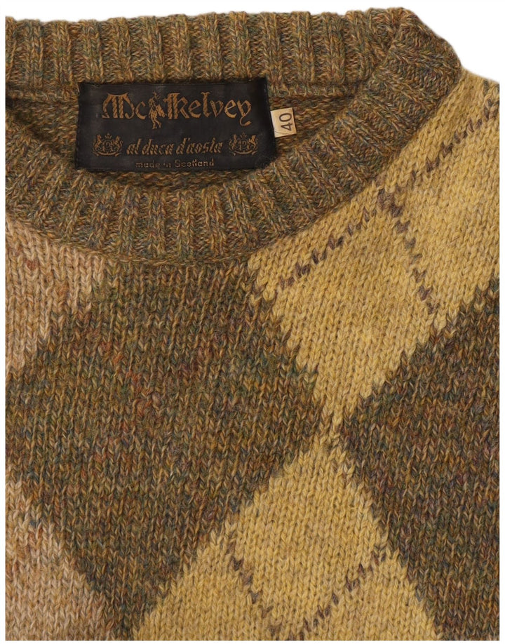 Vintage Herre Crew Neck Jumper Sweater UK 40 Medium Khaki Argyle/Diamond