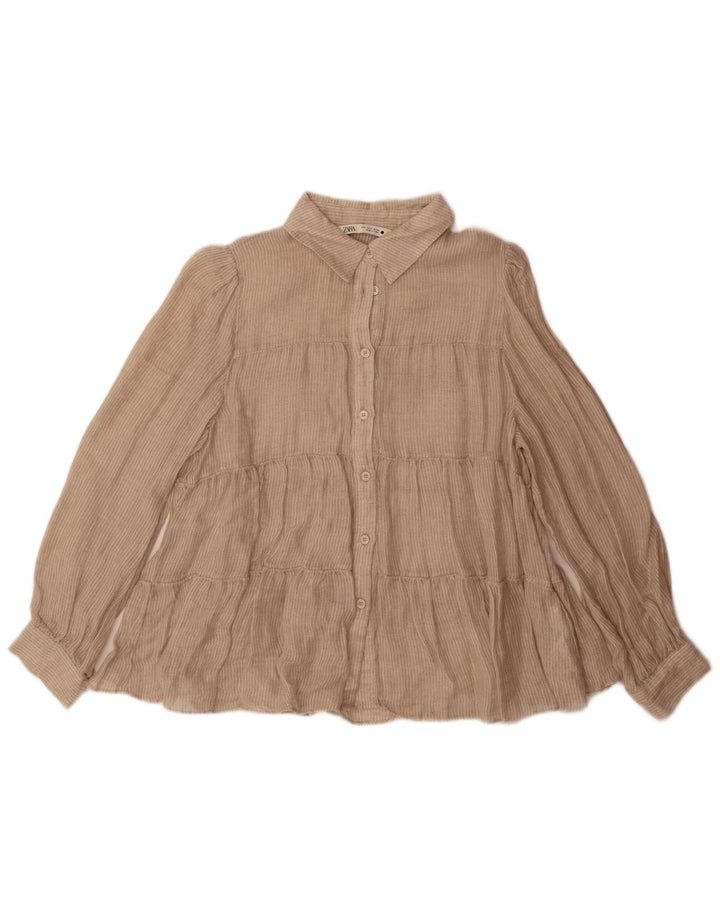Zara Dameskjorte UK 10 Lille beige stribet hør