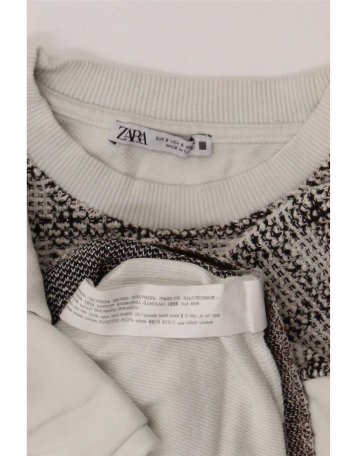 Zara Womens Crop Oversized Sweatshirt Jumper UK 10 Lille hvid ternet bomuld