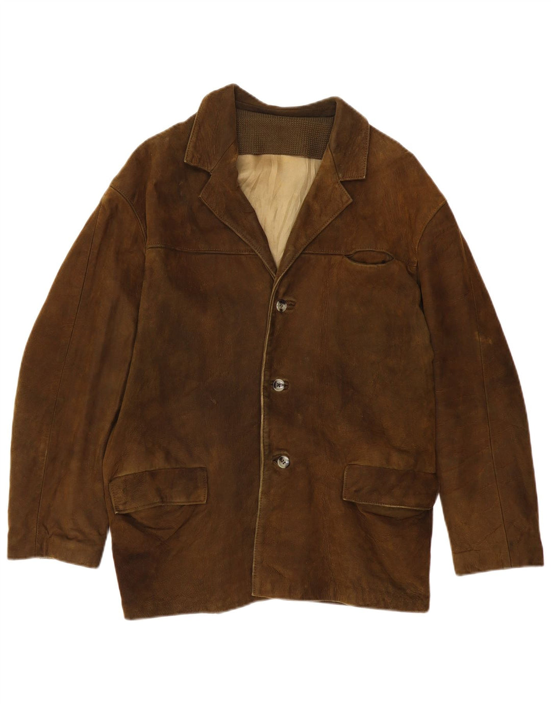 VINTAGE Herre Læderjakke UK 38 Medium Khaki Læder