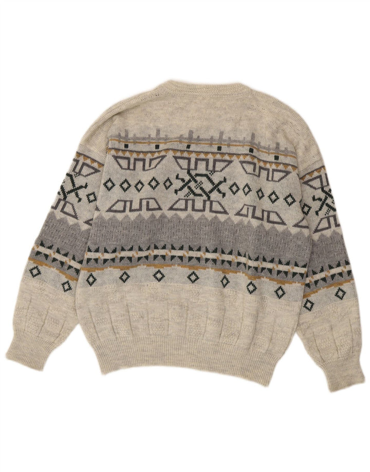 Vintage herre rund hals sweater IT 50 mellemgrå geometrisk akryl