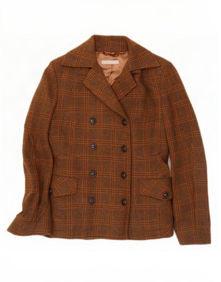 Stefanel Dame Double Breasted Blazer Jacket UK 10 Lille brun ternet uld