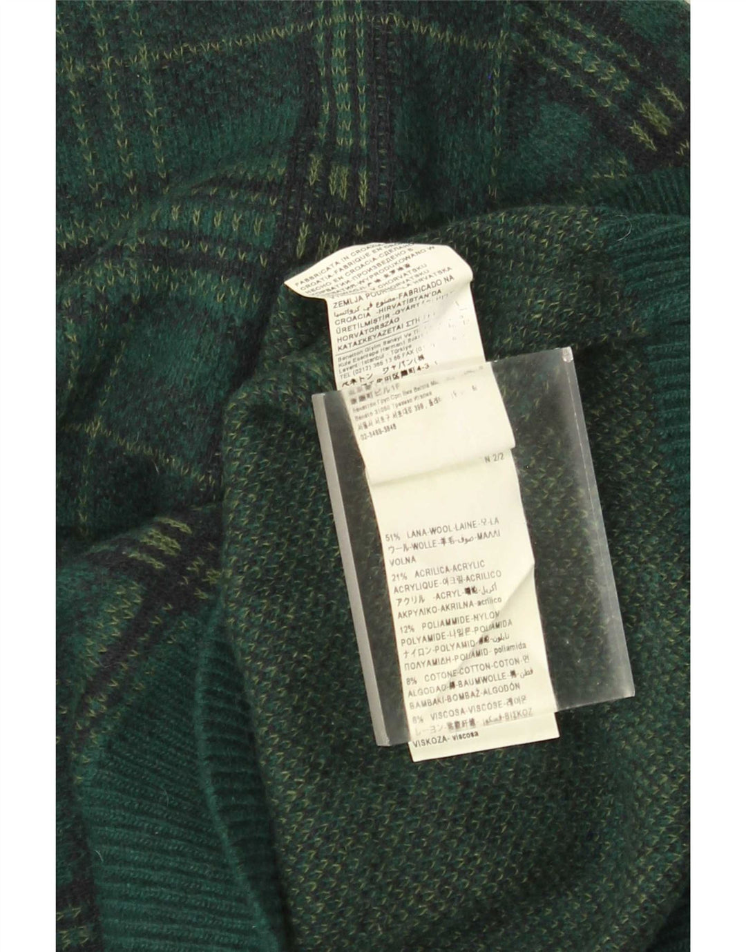 Benetton Herre sweater med rund hals XL grøn ternet uld