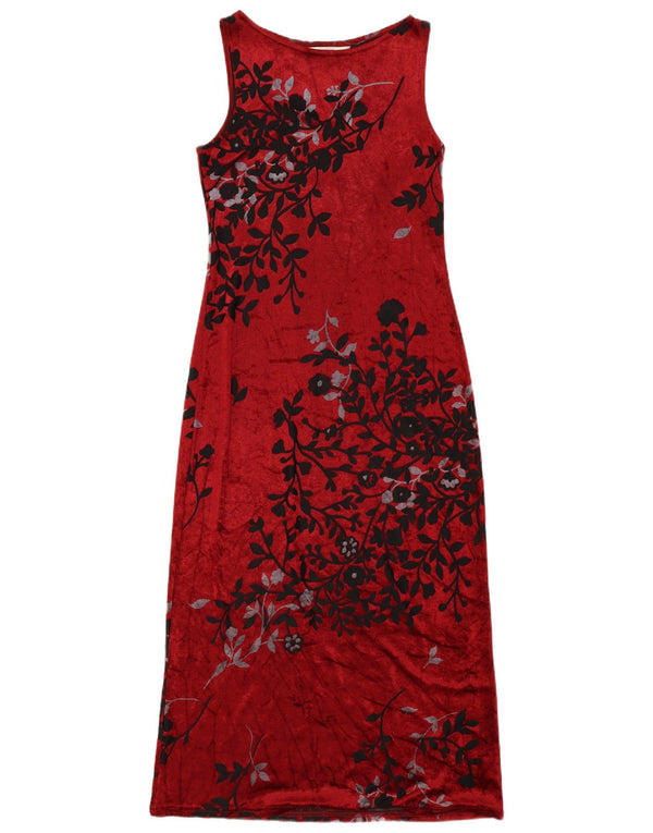 Vintage dame ærmeløs Maxikjole UK 12 Medium Burgundy Floral Viscose