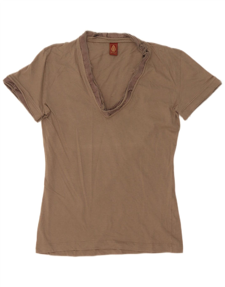 Dondup Dame T-Shirt Top UK 12 Medium Khaki Bomuld