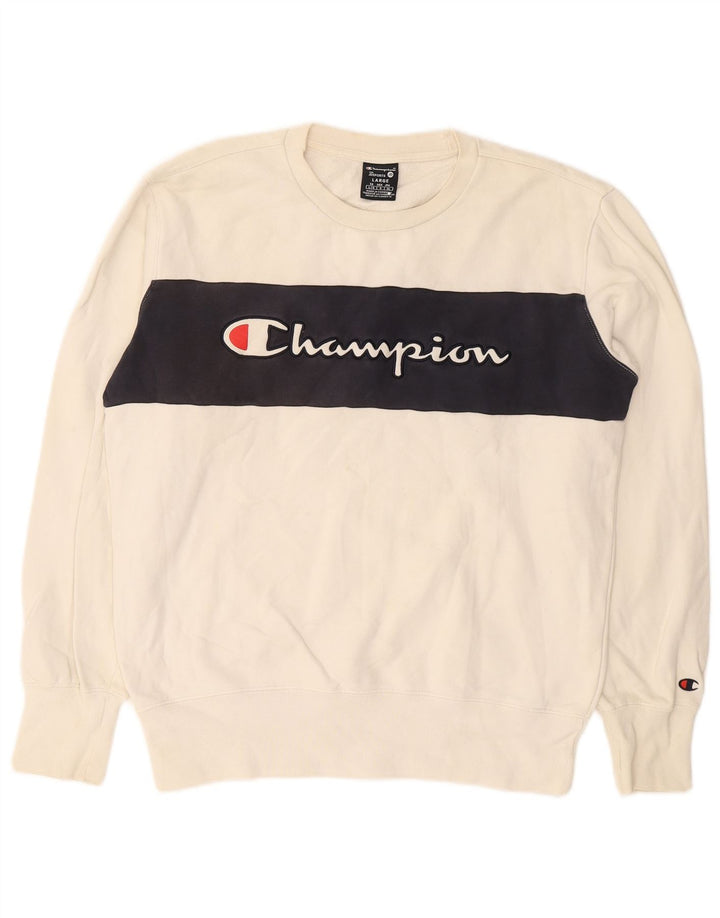 CHAMPION Mens Graphic Sweatshirt Jumper Large White Colourblock Cotton