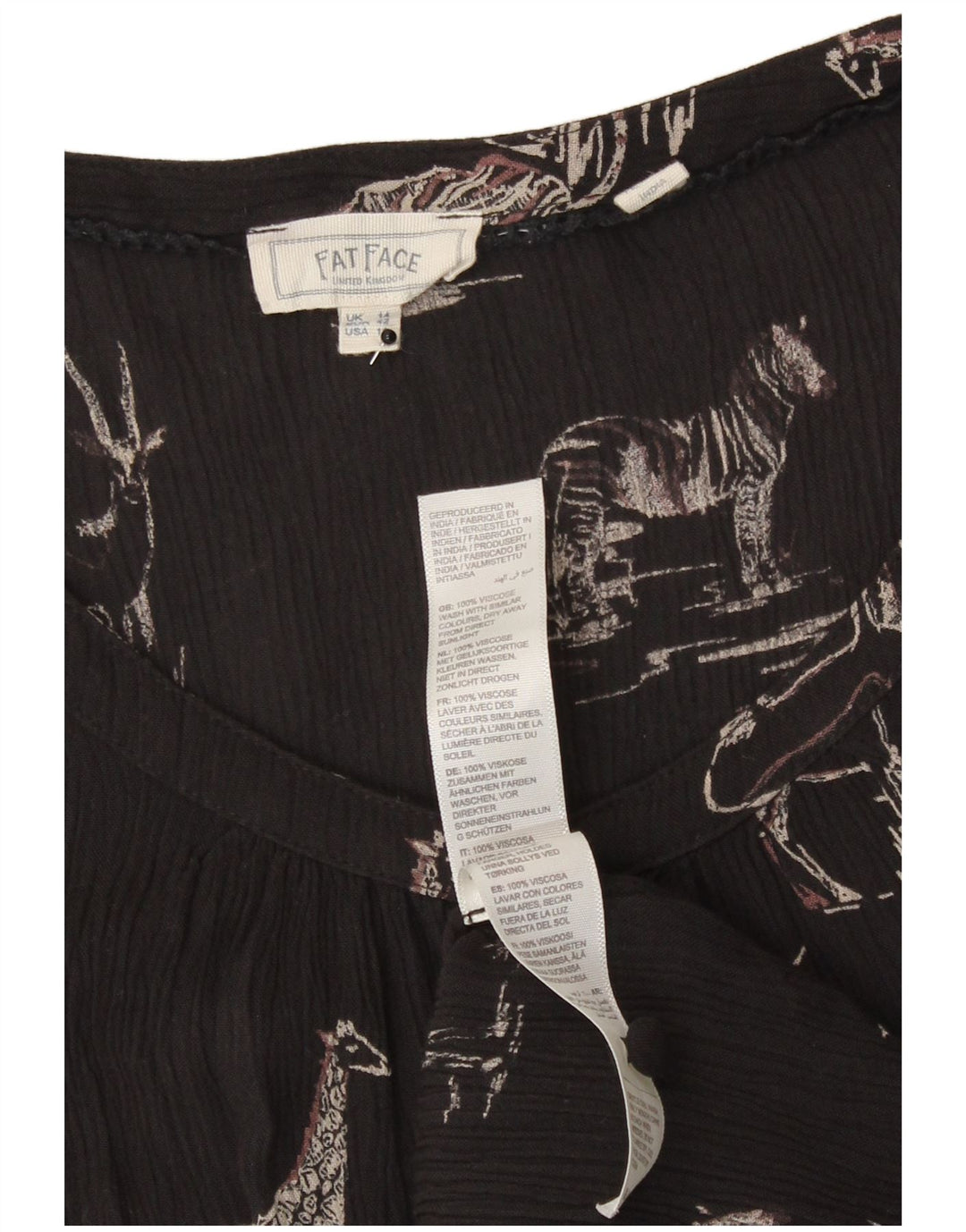 Fat Face Dame Grafisk Bluse Top UK 14 Stor Sort Viscose