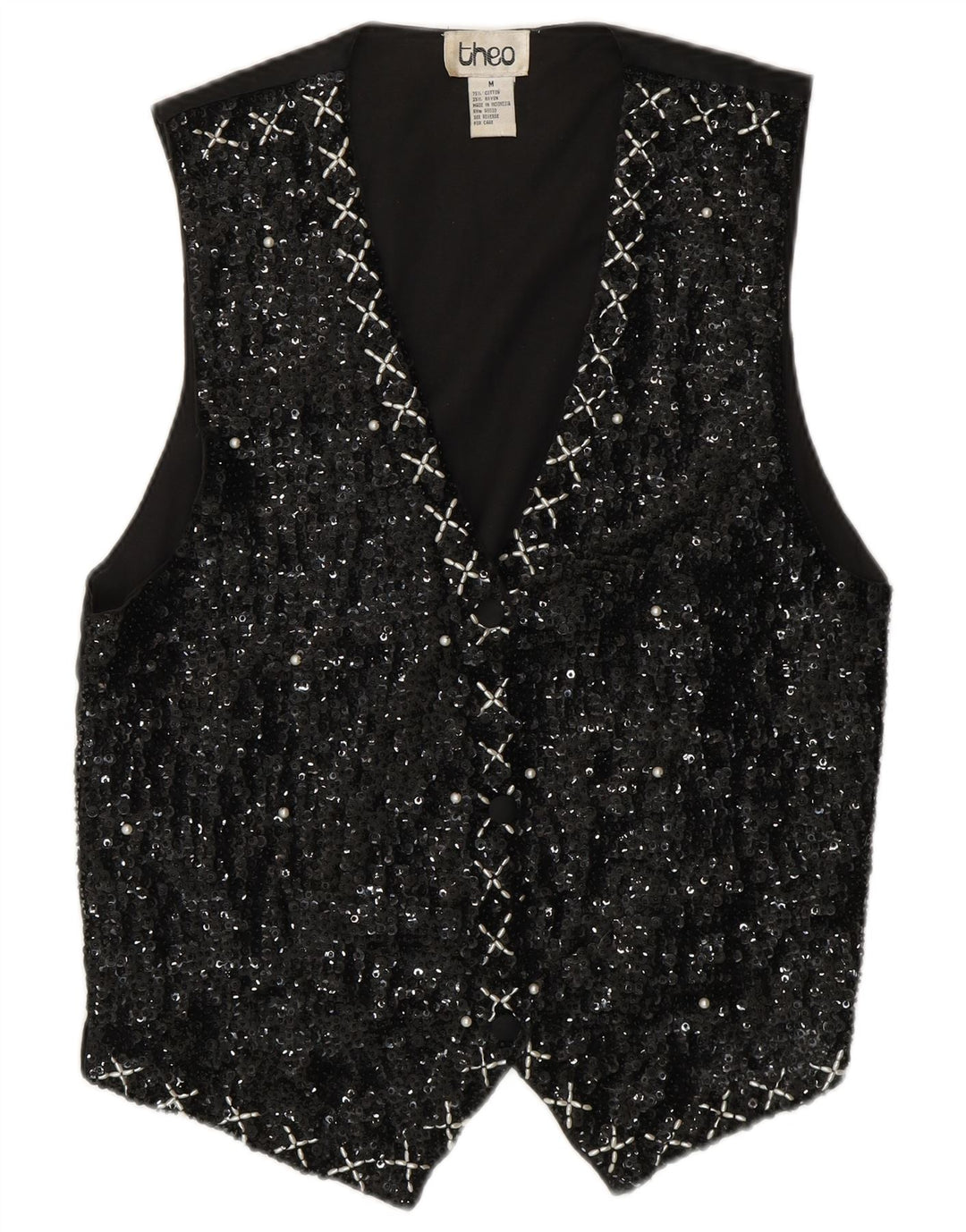 VINTAGE Dame Pailletvest UK 14 Medium Sort Bomuld 80'erne